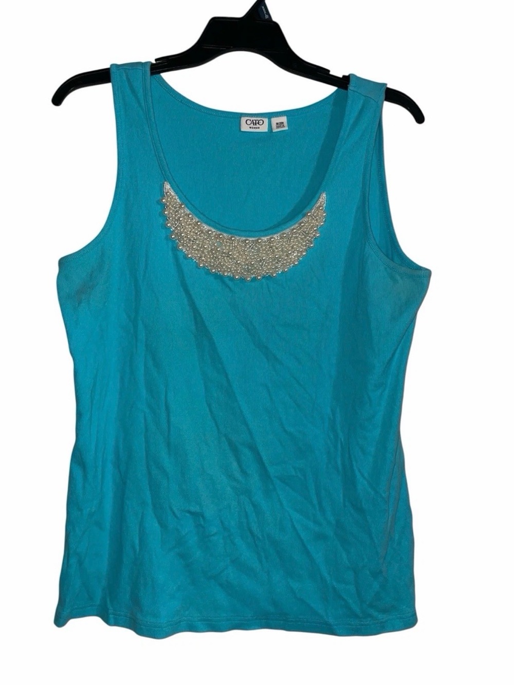 Cato Woman 18/20W Aqua Ribbed Tank Top Pearl Embellishment
